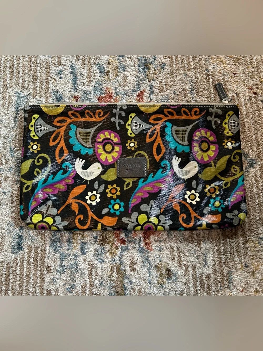Fossil Black Floral Zip Pouch with Multicolor Accents